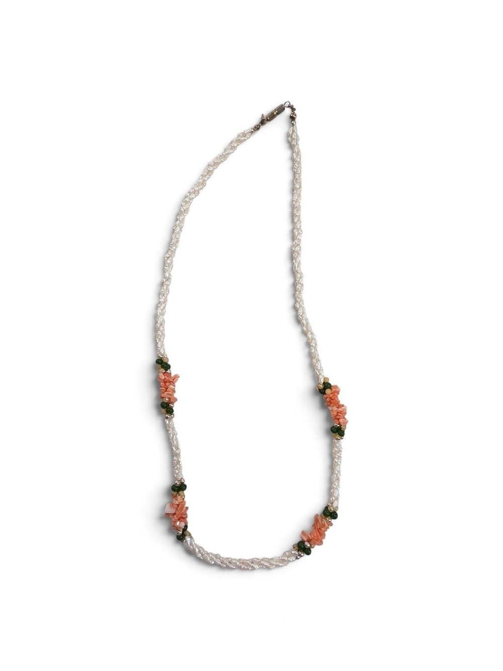 Delicate Pearl Necklace with Coral-Pink Chips and Green Beads